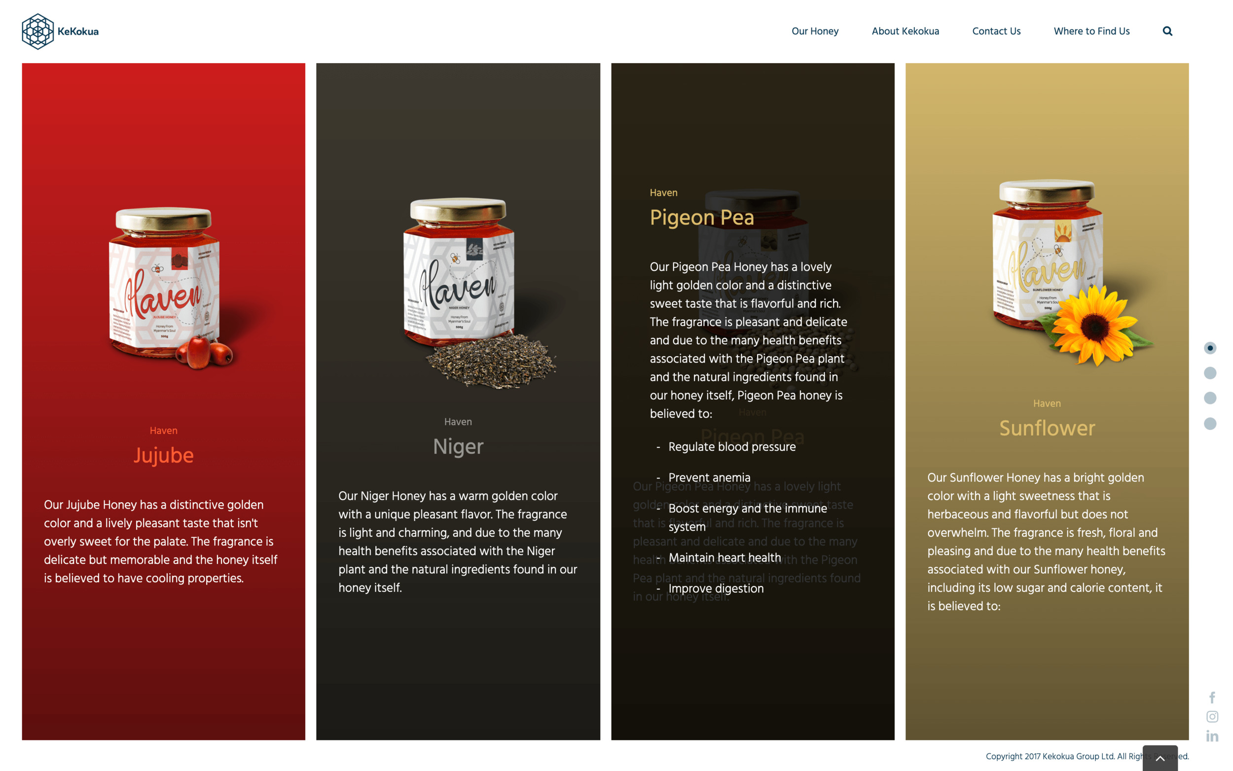 Kekokua honey products section hover interactions